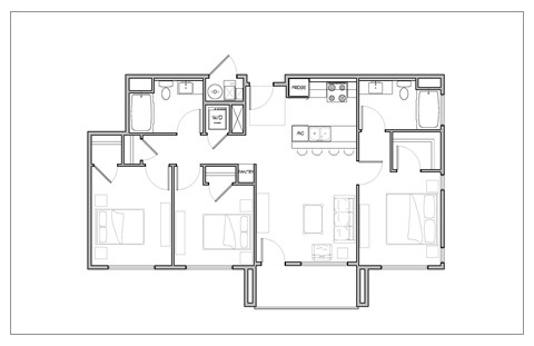 Floor plan for 3 beds, 2 baths, 1107 sqft
